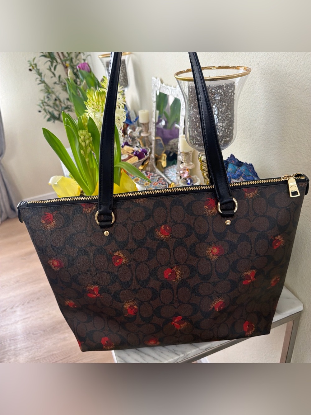 Coach Brown Signature Monogram Tote with Red Floral Accents - Picture 8 of 15